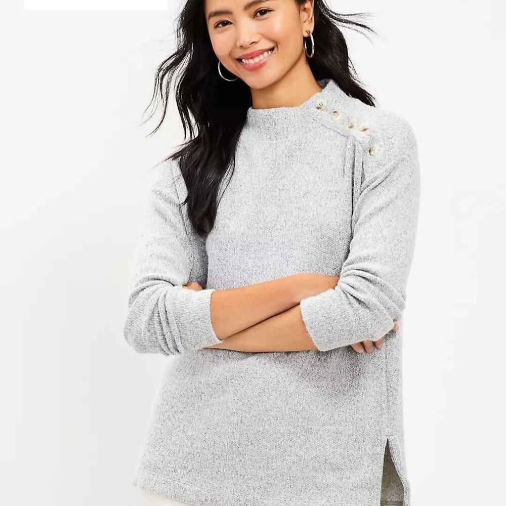 Ann Taylor Loft Grey Fuzzy Cozy Button Detail Sweater
